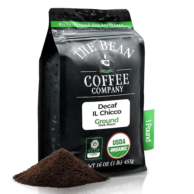 The Bean Organic Coffee Company Water Processed DECAF IL Chicco (Traditional Italian Roast) Dark Roast Ground Coffee 16-Ounce Bag Café Molido Tostado Orgánico descafeinado