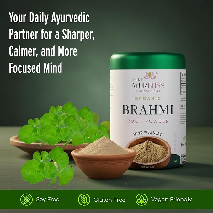 100% Organic Brahmi Powder Ayurvedic Bacopa Monnieri for Memory Focus and Nervous System Care Nootropic Brain Support Blend for Cognitive Wellness Gut Balance - 8oz Tin Box
