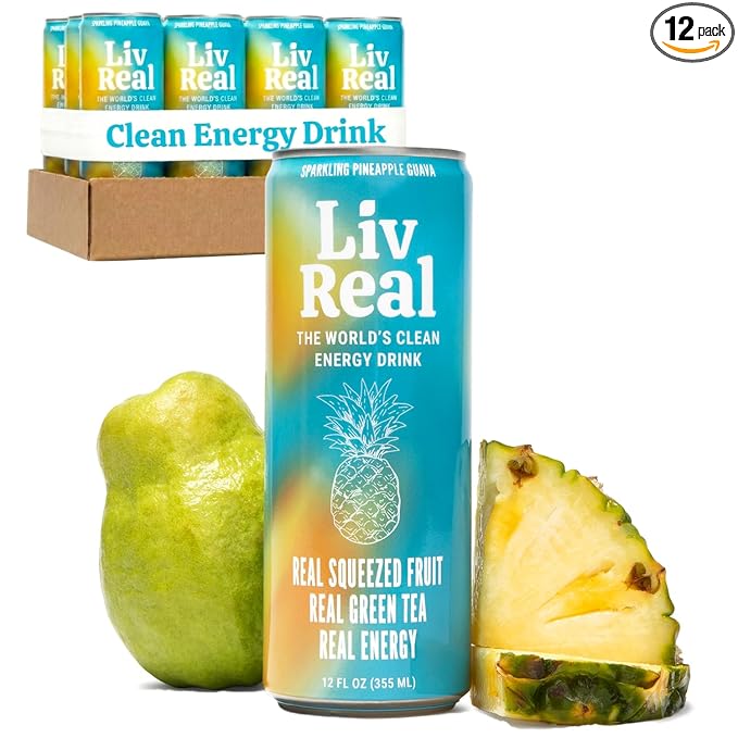LivReal Clean Energy Drink – Organic Green Tea Caffeine 125mg + L-Theanine 100mg – Real Fruit No Sweeteners or Flavorings – Vitamin C &amp B Complex – Sparkling Pineapple Guava Water – 12 Pack 12 f