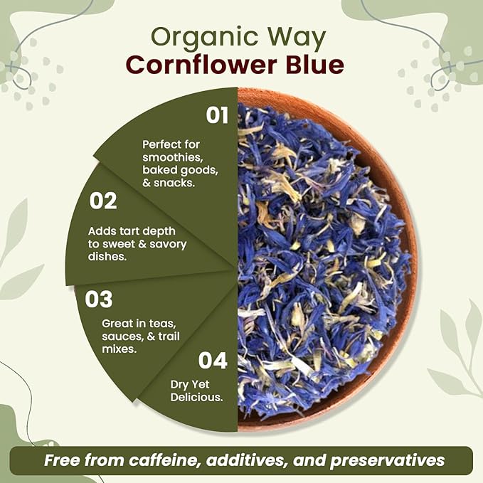 Organic Way Premium Cornflower Blue Whole (Centaurea Cyanus) - Herbal Tea | European Wild-Harvest | USDA &amp Kosher Certified | Vegan Non GMO &amp Gluten Free | Origin - Albania (16 Oz)