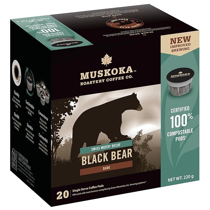 Muskoka Roastery Coffee Black Bear Decaf Dark Roast 20 Single Serve Coffee Pods Compatible with K-Cup Keurig Brewers