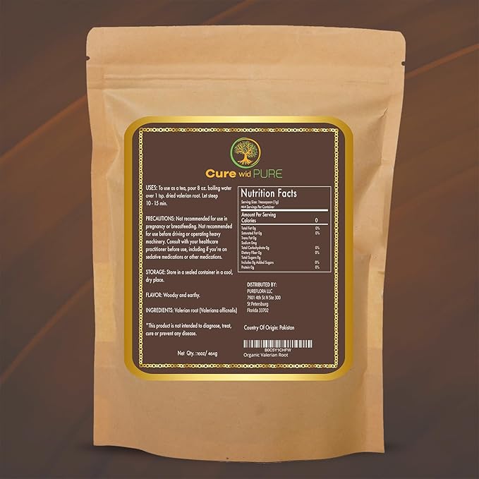 Cure wid Pure Organic Valerian Root Tea - CutSifted &amp Non-Irradiated Valerian Tea Promotes Natural Relaxing Sleep - Te De Valeriana officinalis in Resealable Eco Friendly Pouch 16oz