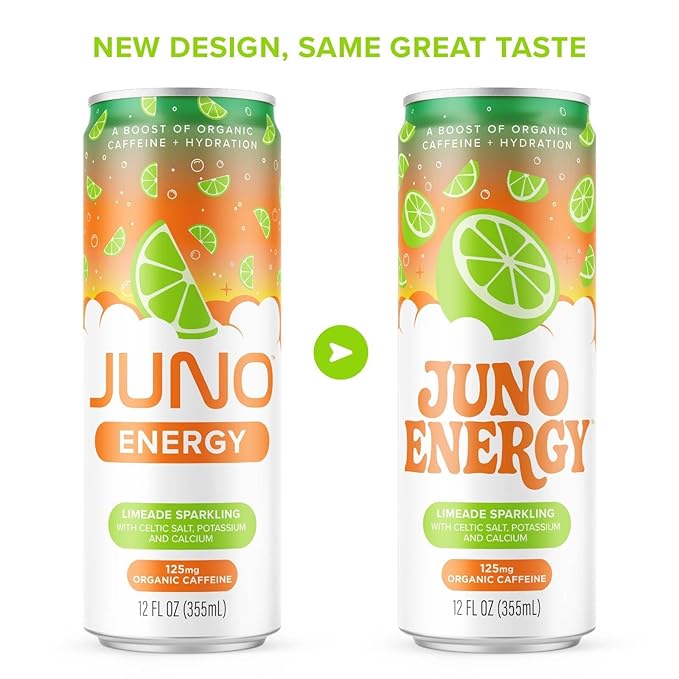 JUNO ENERGY Limeade Sparkling Energy Drink - Sugar Free Electrolytes Energizing and Hydrating with 125mg Organic Caffeine from Green Coffee Beans Stevia Lime Juice &amp Electrolytes - Vegan Glute