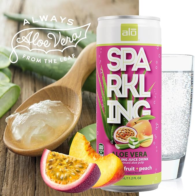 ALO Sparkling Passion Fruit &amp Peach Carbonated Aloe Vera Juice Drink | 11.2 fl oz Pack of 12 | Plant-Based Beverage Vegan