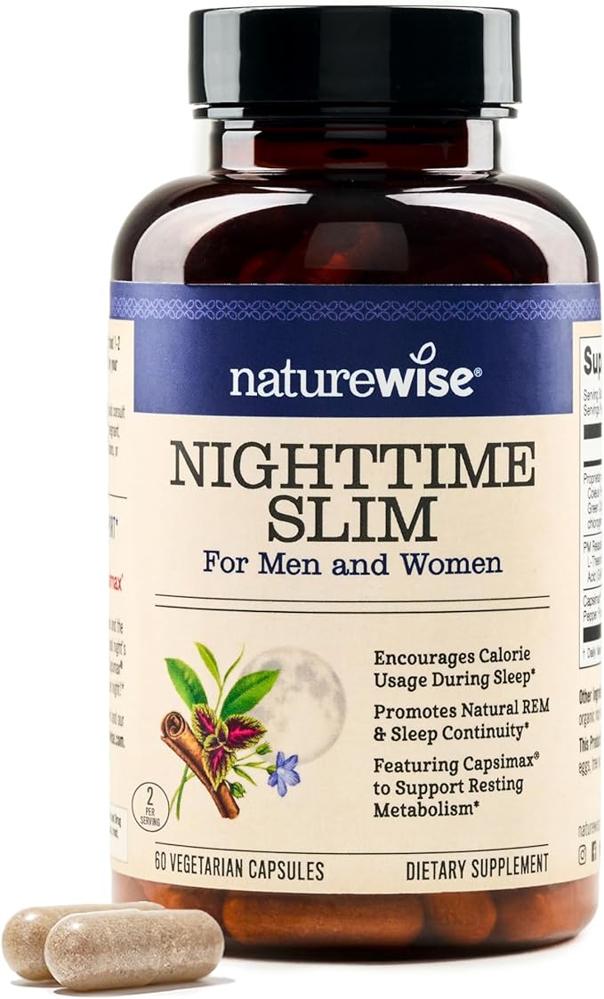 Naturewise Nighttime Fitness Support Supplement &amp Natural Sleep Aid with Cayenne Extract Green Coffee Bean GABA L-Theanine - Vegetarian Non-GMO - 60 Capsules[1-Month Supply]