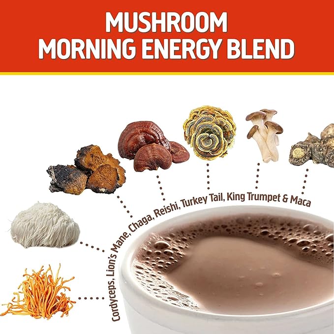 OM MUSHROOM SUPERFOOD Morning Energy Blend – Caffeine-Free Powder with Cordyceps Lion’s Mane Rhodiola &amp Vitamin D2 – Supports Energy Focus &amp Endurance – 8.47 oz Canister (30 Servings)