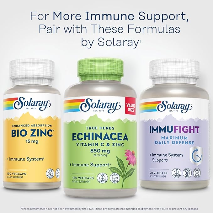 SOLARAY Echinacea with Vitamin C &amp Zinc – Immune Support Supplement – Echinacea Capsules with Vitamin C 500 mg Plus Bioflavonoids Vegan 60-Day Guarantee 90 Servings 180 VegCaps
