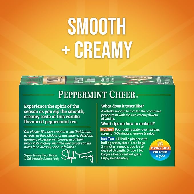 Twinings Peppermint Cheer Herbal Tea Individually Wrapped Bags 20 Count (Pack of 6) Peppermint &amp Creamy Vanilla Naturally Caffeine-Free Enjoy Hot or Iced 120 Teabags