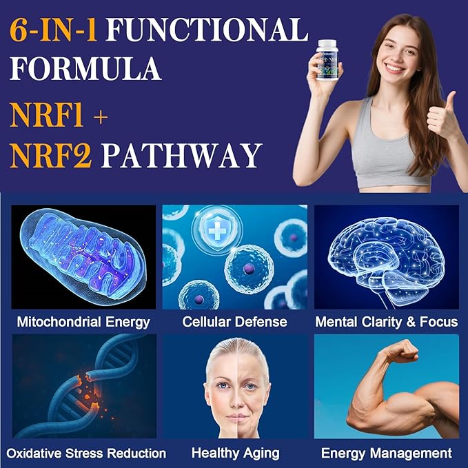 NRF1 &amp NRF2 Supplement 1500mg | Dual Activator with CoQ10 Curcumin Trans Resveratrol &amp Ashwagandha | Antioxidant for Oxidative Stress Wellness Aging &amp Cellular Energy | 60 Capsules (1 B