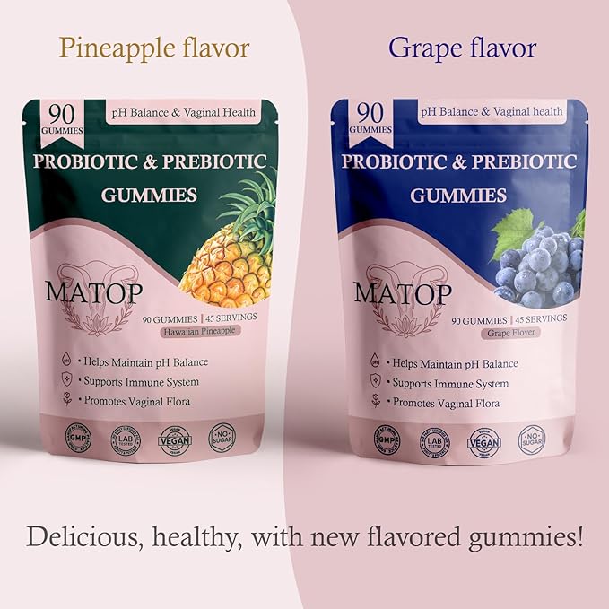 MATOP Vaginal Probiotic Prebiotic Gummies for Women - Vaginal pH Balance &amp Digestive Support Grape Flavor Vegan Sugar-Free Gluten-Free 90 Count