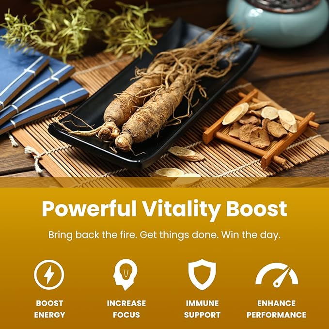 NutraChamps Korean Red Panax Ginseng Capsules | Extra Strength Ginsenosides for Energy Focus Performance Vitality &amp Immune Support | Korean Red Ginseng Root Extract (90 Premium Gold)