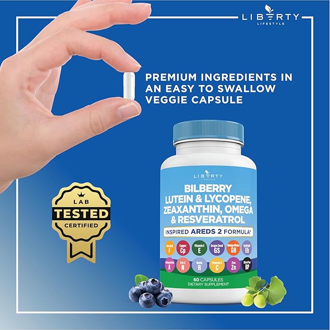 Eye Health Vitamins with Bilberry Lutein &amp Zeaxanthin Lycopene Resveratrol Grape Seed Extract Flaxseed Astaxanthin- AREDS 2-120 Capsules