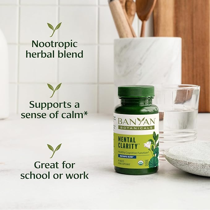Banyan Botanicals Organic Mental Clarity – Herbal Alertness &amp Focus Supplement – with Bacopa &amp Gotu Kola – Natural Support for a Calm Mind &amp Sustainable Mental Energy – 90 Tablets – USDA O