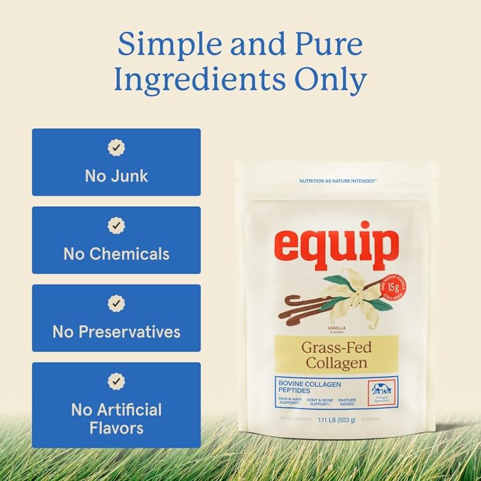 Equip Foods Grass Fed Collagen Powder | Hydrolyzed Bovine Collagen Peptides with Amino Acids | Prime Beef Collagen for Healthy Joints Skin &amp Nails | Non-GMO Paleo Friendly | 30 Servings Vanilla