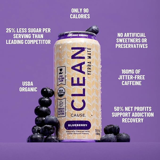 NEW! CLEAN Cause Lemonade &amp Tea and Blueberry USDA Organic Yerba Mate Tea (15.5oz cans 2-12-Pack Case) Non-Carbonated 160mg Caffeine