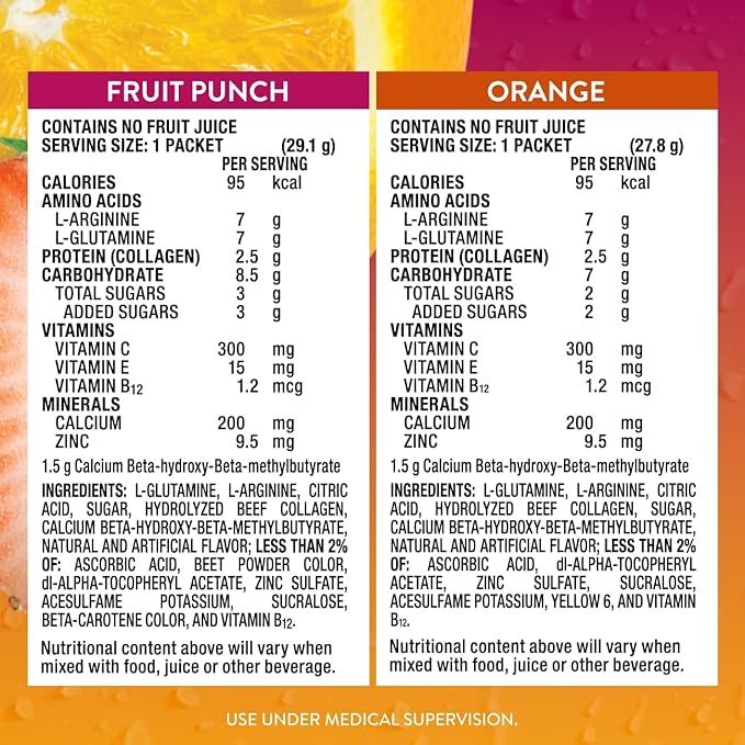 Juven Therapeutic Nutrition Drink Powder Including Collagen Peptides Amino Acids and HMB For Wound Healing Support Variety Pack: Orange &amp Fruit Punch 30 Packets