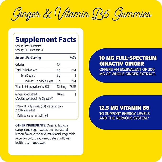 Enzymedica Ginger &amp Vitamin B6 Gummies Support for Occasional Nausea &amp Indigestion High Potency Equivalent to 200 mg Ginger Extract 60 Count