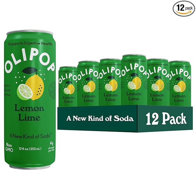 OLIPOP Prebiotic Soda Pop Lemon Lime Pantry Pack Packed with Prebiotics Fiber and Botanicals Gluten Free GMO Free 12oz Skinny (12-Cans)