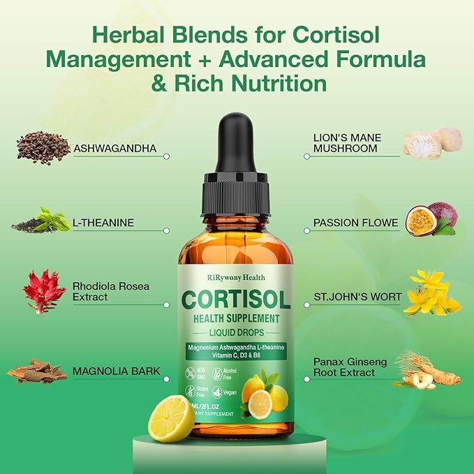 Cortisol Supplement for Women &amp Men - Cortisol Detox Reducer Magnesium Glycinate Ashwagandha L-Theanine Phosphatidylserine - Hormone Balance for Calm Mood Focus Sleep (2 FL.OZ Lemon)