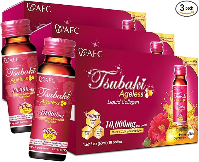 AFC Japan Tsubaki Ageless Liquid Collagen Drink for Women | 10000mg Marine Collagen Peptides 500mg Royal Jelly Hyaluronic Acid | Supports Skin Hydration &amp Elasticity 1.69 fl.oz x 10 Bottles (3P