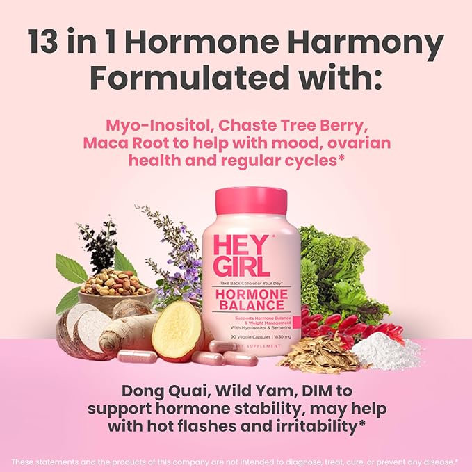 Hey Girl Hormone Balance for Women – 13-in-1 Menopause PMS &amp Cycle Support – Mood &amp Hot Flash Support – w Myo-Inositol Berberine Maca Root Black Cohosh DIM Dong Quai