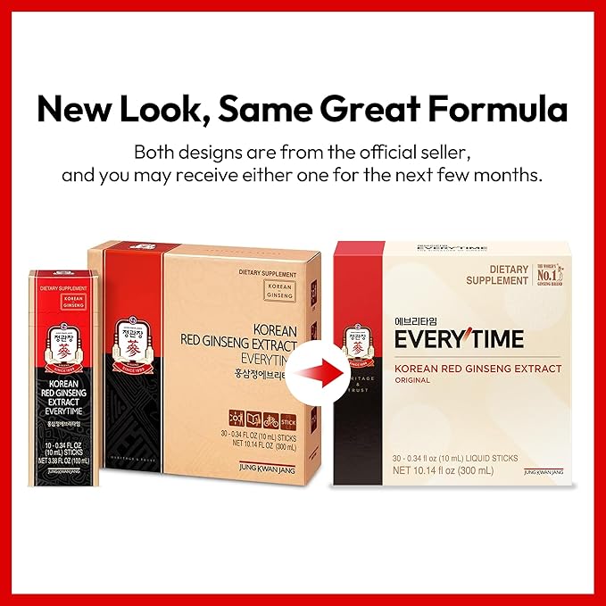JUNG KWAN JANG Everytime Korean Red Ginseng Extract Stick 3000mg Original - Adaptogen Energy Drink Liquid Stick Supplements - Energy Boost &amp Immune Support Caffeine Free (30 Sticks)