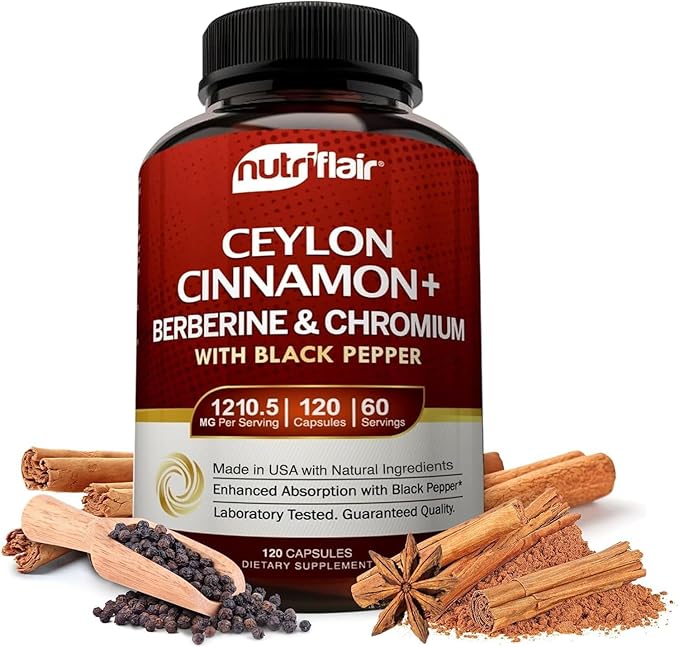 NutriFlair Ceylon Cinnamon Plus Chromium Berberine &amp Black Pepper 1200mg 120 Capsules