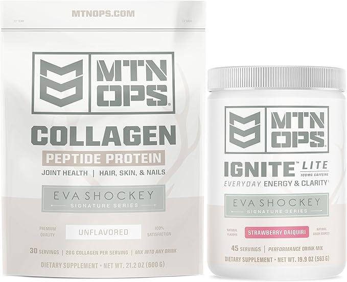 MTN OPS Eva Shockey Collagen &amp Ignite Lite Bundle – Unflavored Collagen Peptides + Strawberry Daiquiri Ignite Lite – Eva Shockey Supplements for Energy Hair Skin &amp Wellness