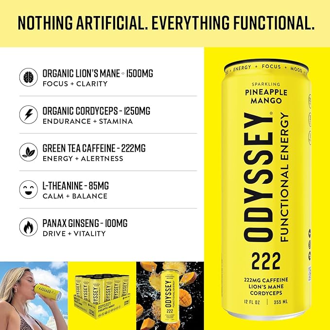 Odyssey Elixir - Odyssey 222 - Sparkling Energy Drink - 222 mg of Caffeine - Lion's Mane &amp Cordyceps - Energy &amp Focus - Endurance &amp Stamina - Nootropic - Pre Workout - Pineapple Mango