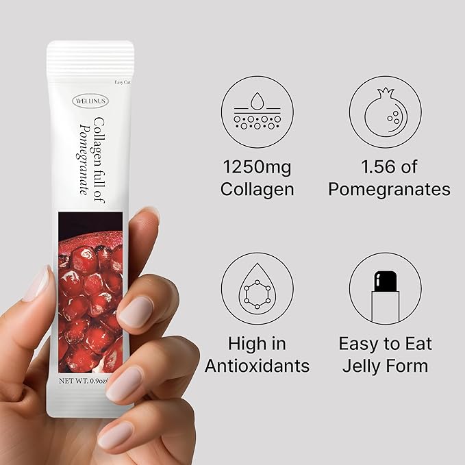 Korean Collagen Jelly Sticks - 25 Pomegranate Flavored Marine Collagen Peptide Snacks for Anti-Aging- Collagen Protein Sugar-Free Travel Packs for Hair &amp Nail Strength