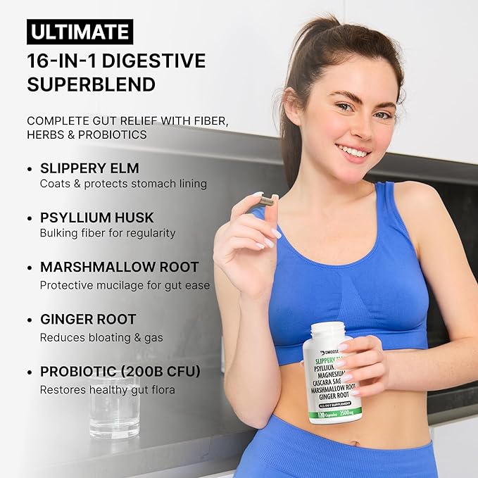 16 in 1 Slippery Elm Bark for Women &amp Men - Digestive Health &amp Leaky Gut Wellness Supplement - Probiotic Psyllium Husk Cascara Magnesium &amp Marshmallow Root Complex - DGL Licorice Extrac