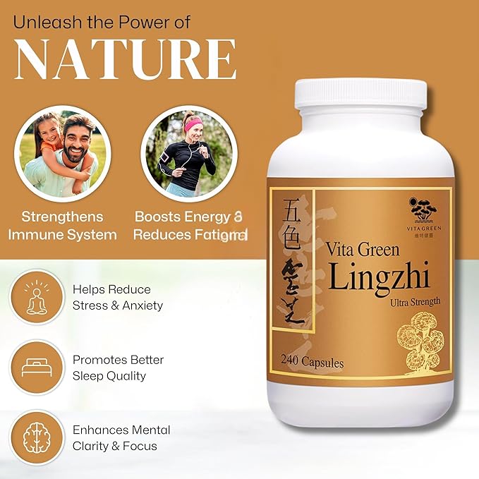 Vita Green Lingzhi Mushroom Supplement (五色靈芝) – Pure Reishi with Natural Antioxidants for Wellness Energy and Immune Support for Men &amp Women – 240 Capsules