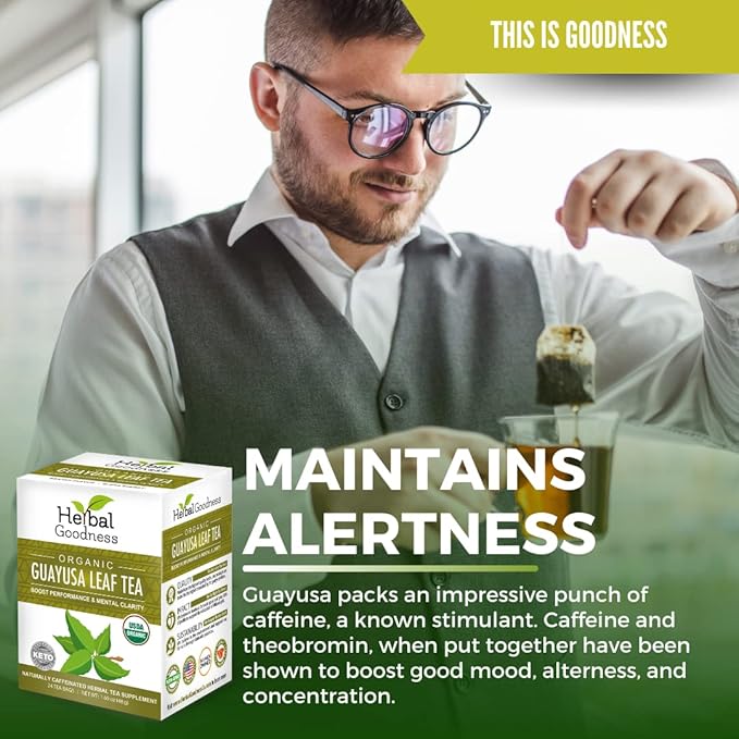 Guayusa Leaf Tea - Mental Clarity Organic Natural Caffeine Drink Energy Supplement Coffee Alternative Oxidative Stress - 6/24 Tea Bags - Herbal Goodness (6 Boxes)