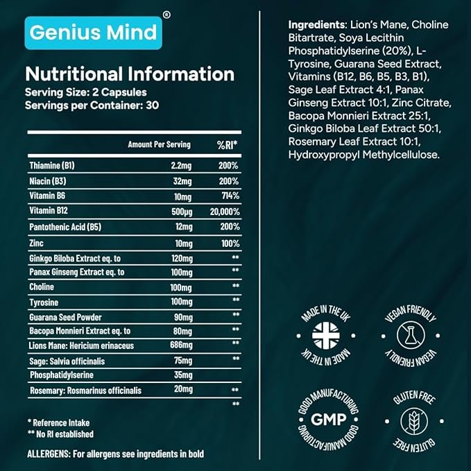 Genius Mind® Nootropic Brain Supplement Support Cognitive Function Energy Levels Focus &amp Memory Function - 17 Brain Boosting Ingredients Including Lions Mane Bacopa Ginkgo &amp Vitamin B12