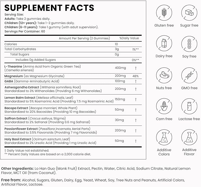 L-Theanine 400mg Gummies L Theanine Supplement for Kids &amp Adults with Magnesium Glycinate GABA Ashwagandha L'theanine Chewable for Restful Sleep Stress Support Relaxation Calm 60 Day Suppl