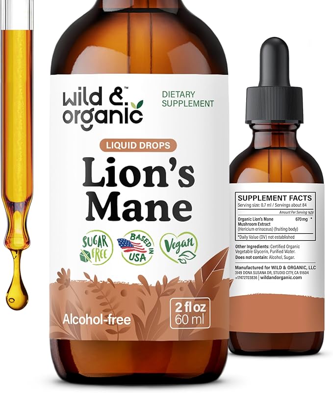 Wild &amp Organic Lions Mane Liquid Drops - Focus &amp Brain Support - Lions Mane Supplement - Hericium Erinaceus Mushroom Extract Tincture - Vegan Alcohol &amp Sugar-Free - 2 fl oz