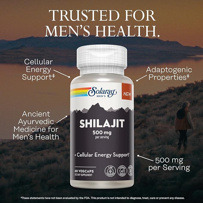 SOLARAY Shilajit 500 mg PrimaVie (R) Himalayan Shilajit for Men Adaptogenic Cellular Energy Support Men’s Health Supplement Vegan Gluten Free 60-Day Guarantee - 30 Servings 60 VegCaps