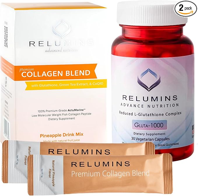 Relumins Collagen &amp Gluta-1000 Bundle – Marine Collagen Pineapple Drink + 60 Veg Capsules for Radiant Smooth &amp Youthful-Looking Skin