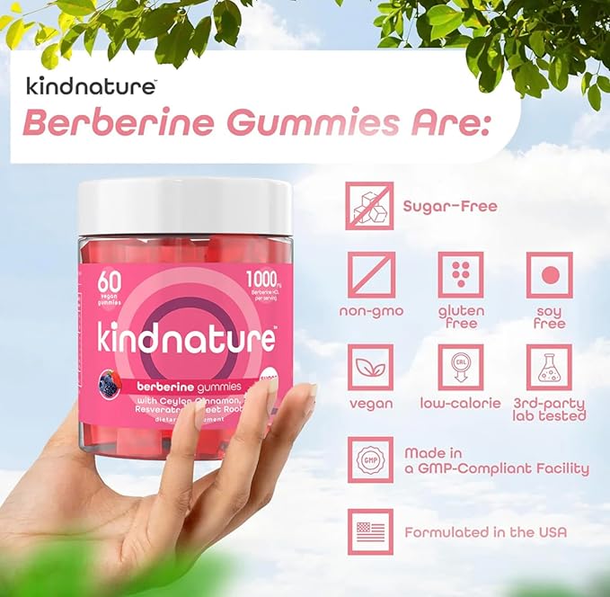 kindnature Berberine Gummies 1000mg with Ceylon Cinnamon &amp Resveratrol – Sugar-Free Vegan Supplement for Blood Sugar Support Metabolism Cravings Wellness – Non-GMO Gluten-Free