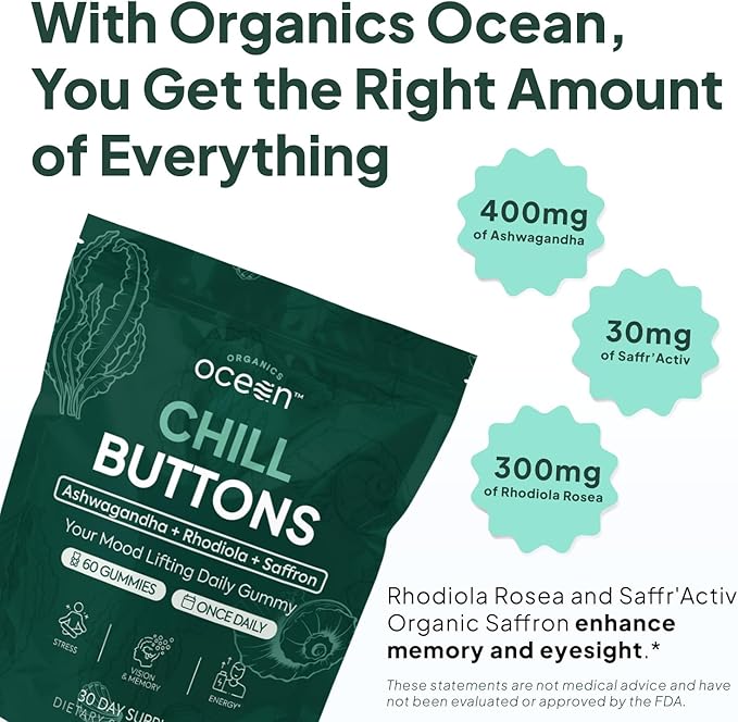 Organics Ocean Chill Buttons – Natural Ashwagandha Gummy Supplement with Organic KSM-66 Saffron &amp Rhodiola Rosea – Supports Relaxation Mood Focus &amp Energy - 6-Pack 360 Count