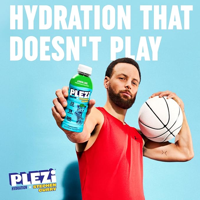 PLEZi Lemon Lime Hydration Drink x Stephen Curry - Sports Drinks with 2X Electrolytes - 500mg Potassium Low Sugar No Added Sugar - For Kids &amp Adults - 16.9 Fl Oz (12 Pack)