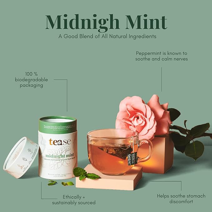 Tease Tea Organic Peppermint Tea - Midnight Mint Digestive Health Herbal Drink Stomach Relief Caffeine Free Drink Made with Peppermint Spearmint and Peach For Calming and Soothing Blend