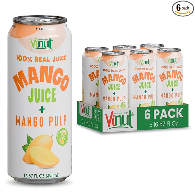 Vinut 100% Mango Juice with Pulp (16.57 fl oz Pack of 6) No Sugar Added All Nature Mango Juice Not From Concentrate Gluten Free GMO-Free High Calcium Iron