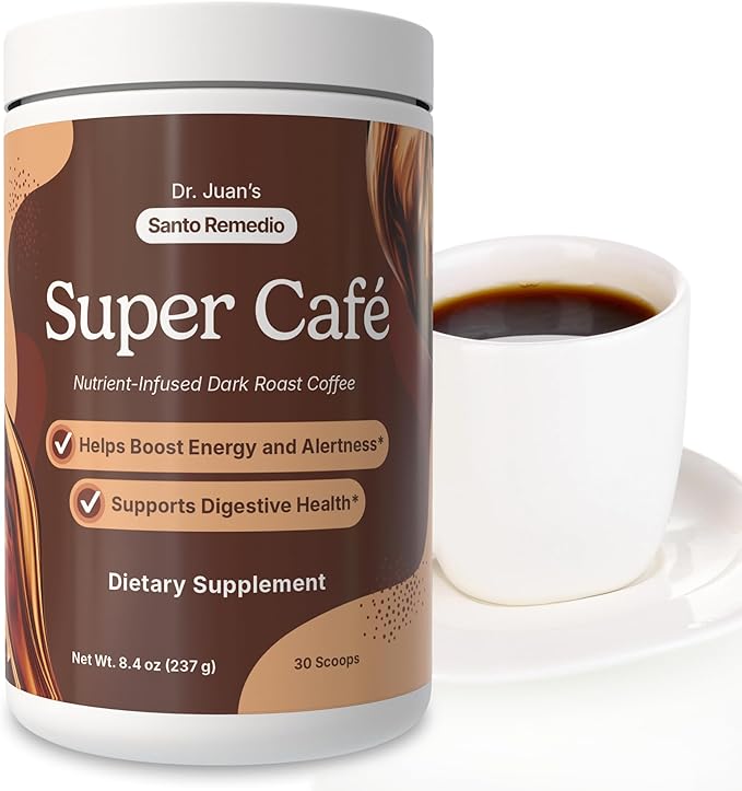 Santo Remedio Super Café Coffee Powder with Prebiotic Fiber &amp Mushrooms Dark Roast 100 mg Caffeine Green Tea &amp Green Coffee Lion’s Mane &amp Ashwagandha 30 Servings