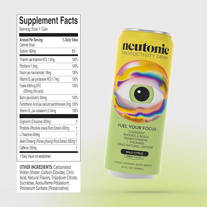 neutonic Nootropic Productivity Energy Drink &amp Focus Blend Powder Bundle | 12 Cans Wild Citrus &amp 16 Sticks Peach Mango | Zero Sugar | Support Memory Mental Clarity Cognitive Function