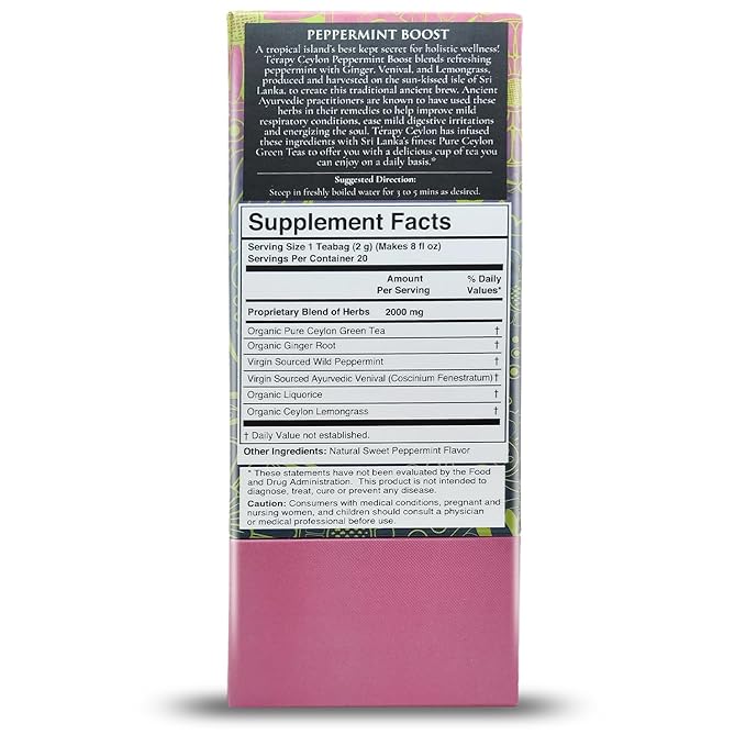 TERAPY Ceylon Peppermint Tea - Boosts Well-being &amp Energy Levels 100% Pure Peppermint Tea Bags Low Caffeine Refreshing Herbal Flavor 20 Individually Wrapped Unbleached Bags for Freshness (2 Pa