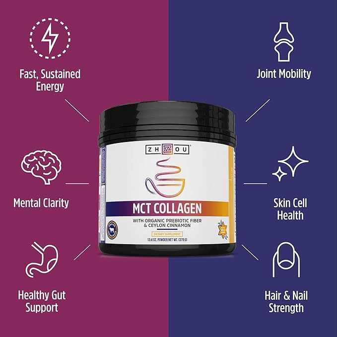 Zhou MCT Flavored Collagen Peptides Powder for Women and Men - Hydrolyzed Collagen Supplement with MCT for Joints Bones Hair Skin &amp Nails - Natural Vanilla Flavor 13.4 oz