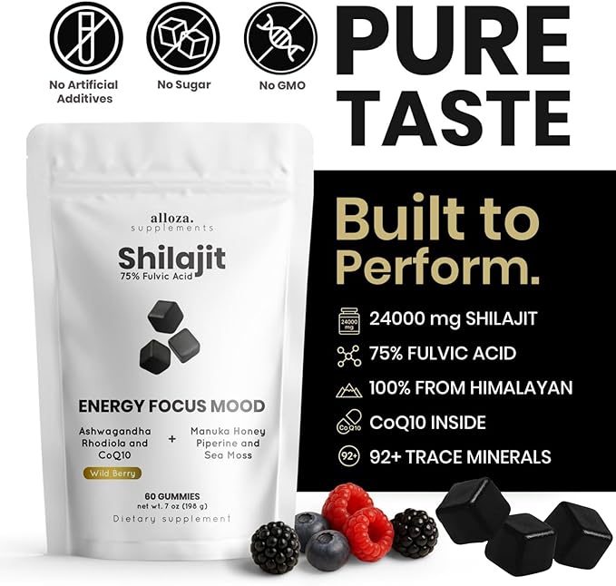 Performance Shilajit Gummies with CoQ10 and Ashwagandha – Pure 7-in-1 Formula with 75% Fulvic Acid &amp 92+ Minerals – For Men &amp Women Energy Focus &amp Stress Support – 60 Sugar-Free Himalay