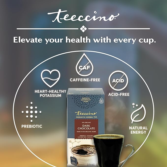 Teeccino Dark Chocolate Prebiotic SuperBoost Bundle - 25 Tea Bags 10 Ounce Herbal Coffee