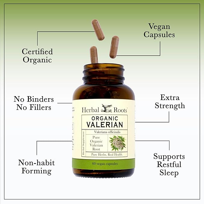 Herbal Roots Pure Organic Valerian Root Capsules - 900 mg - Non-Habit Forming with no Melatonin Non-GMO - 60 Count Vegan Capsules Herbal Supplement (Pack of 2)